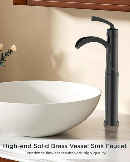 Forious Black Bathroom Faucets, Tall Waterfall Bathroom Faucet Single Handle One Hole Deck Mount Bowl Vessel Sink Faucet Bathroom with Metal Pop Up Drain and Supply Lines