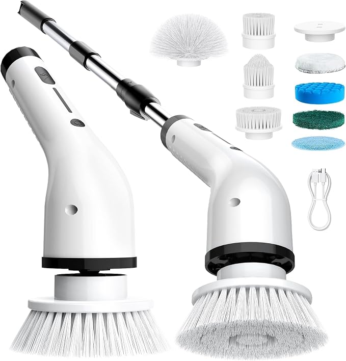 Electric Spin Scrubber, 3-Speed Flat End Brush with 8 Brush Heads & Base, Adjustable Long Handle, Digital Display, 2500mAh Fast Charging, for Bathroom, Tub, Tile, Floor（White