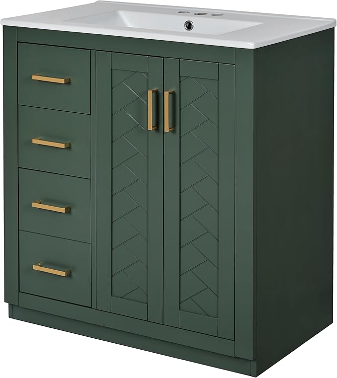 Merax Herringbone Single Sink Bathroom Vanity, Freestanding 30" Modern Bathroom Vanity Storage Cabinet with 3 Drawers and 2 Doors, Solid Wood Frame