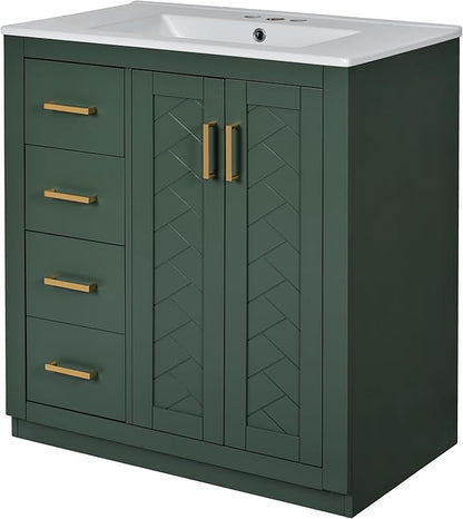 Merax Herringbone Single Sink Bathroom Vanity, Freestanding 30" Modern Bathroom Vanity Storage Cabinet with 3 Drawers and 2 Doors, Solid Wood Frame