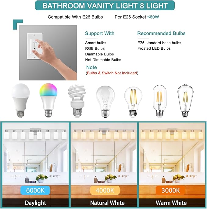 8-Light Bathroom Vanity Light Brushed Nickel Bathroom Light Fixtures 8 Light Vanity Lights for Wide Mirrors Nickel 8-Light Long Wall Sconce with Milky White Frosted Glass Shades for Bath Living Room