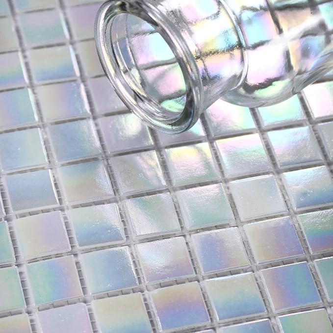 11.5sq.ft Iridescent White Glass Mosaic Tile for Bathroom, Pool, Backsplash | Waterproof Wall & Floor Tile. Heat & frost resistant outdoors. Mesh-mounted easy install. Use any grout. Easy clean. 10pcs.