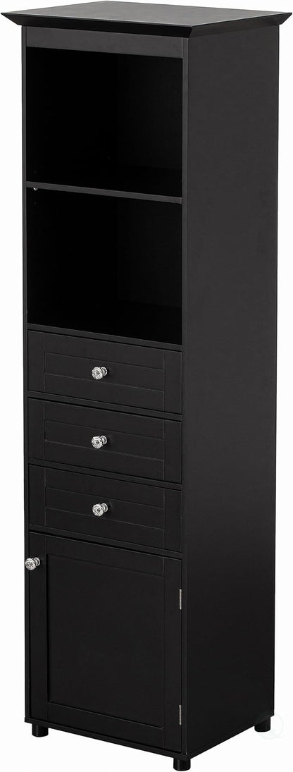 Basicwise Freestanding Storage Cabinet with Shelves Drawers & Door Linen Tower Organizer for Towels Toiletries and Essentials Floor Standing Cupboard for Bathroom Bedroom or Laundry Room, Black