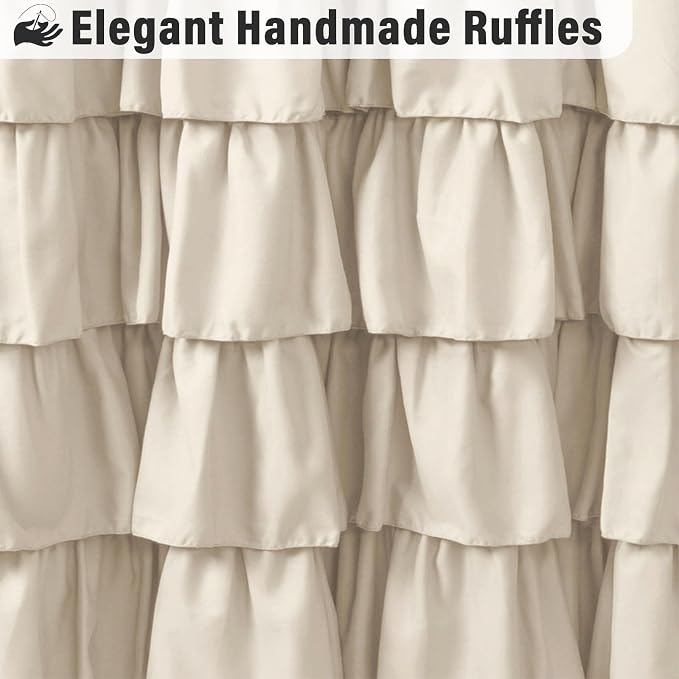 Seasonwood Beige Ruffle Shower Curtain Neutral Shower Curtain 72 x 78 | Natural button accents, layered fabric tiers, shabby chic and French country styling for decorative bathroom updates