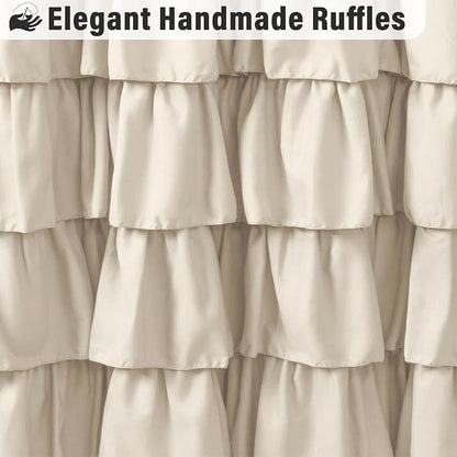 Seasonwood Beige Ruffle Shower Curtain Neutral Shower Curtain 72 x 78 | Natural button accents, layered fabric tiers, shabby chic and French country styling for decorative bathroom updates