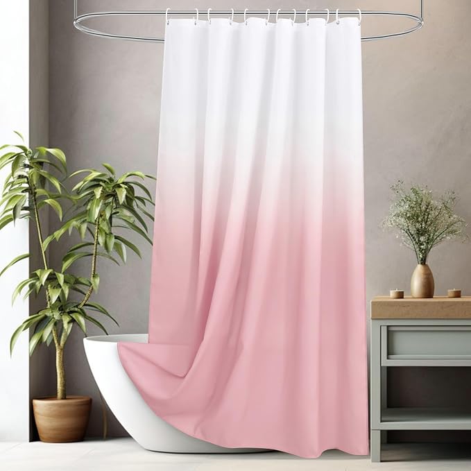 AooHome Fabric Shower Curtains, Cloth Ombre Pink Shower Curtain Sets, Washable Fabric Pink and White Shower Curtain, Rustic Farmhouse Bathroom Shower Curtains, 72x72 Inches