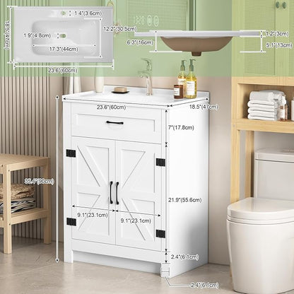 24" White Farmhouse Bathroom Vanity with Ceramic Sink, 2 Barn Door & Faux Drawer, Freestanding, Actual 23.6" L x 18.5" W x 35.4" H