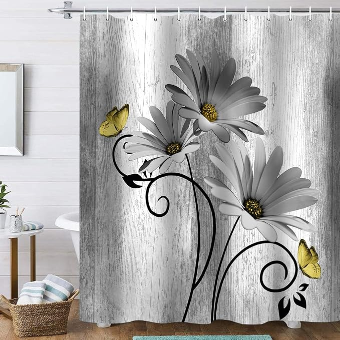 Onalasyc 4PCS Grey Daisy Floral Bathroom Sets with Shower Curtain and Rugs | Country Floral Butterfly Shower Curtain Set,Modern Bathroom Decor Shower Curtains Set with Rugs Toilet Lid Cover and 12 Hooks
