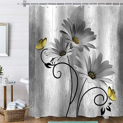 Onalasyc 4PCS Grey Daisy Floral Bathroom Sets with Shower Curtain and Rugs | Country Floral Butterfly Shower Curtain Set,Modern Bathroom Decor Shower Curtains Set with Rugs Toilet Lid Cover and 12 Hooks