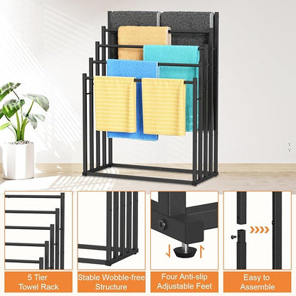 Honiter Towel Racks for Bathroom, 5 Tier Wide Towel Drying Rack Outdoor, Free Standing Towel Rack, Pool Towel Blanket Stand and Display Rack for Oversized Bath Towels