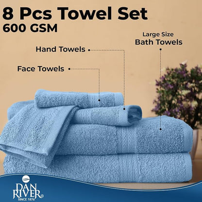 DAN RIVER 8 Piece Luxury Bath Towels for Bathroom, Towel Set, Medium Blue | 2 Bath towels, 2 Hand towels, and 4 Wash Cloths, 600 GSM 100% Ring Spun Cotton, Highly Absorbent, Gym, Hotel, guest, and Spa