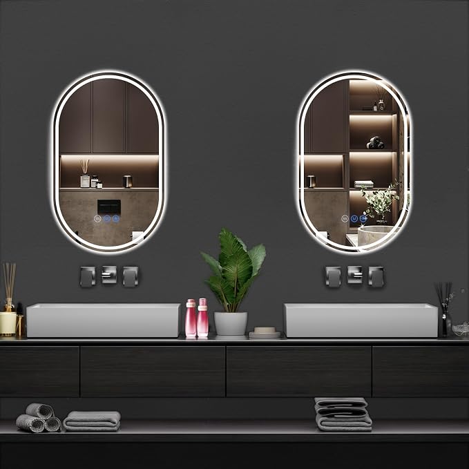 Oval LED Bathroom Mirror, 20"x 33" Frameless Lighted Mirror | LED Mirror with Front Light & Backlit, Anti-Fog, Dimmable Wall Mounted Lighted Mirror, Pill-Shaped Smart Bathroom Mirror