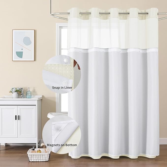 Colorful Star No Hook Shower Curtain with Snap in Fabric Liner, Waffle Weave Heavy Duty Thick Shower Curtains with Mesh Top Window, Hotel Style Waterproof Bathroom Curtain Set, 72 x 75 Inch, Ivory