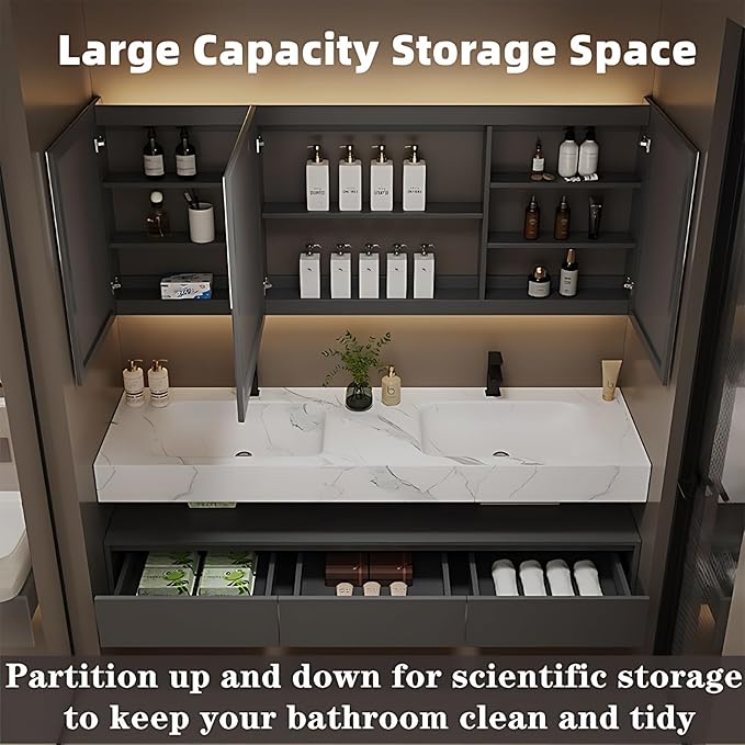 Bathroom Vanity with Sink - Single/Double Sink Bathroom Vanity Cabinet & LED Smart Defogger Mirror Cabinet Set, Modern Floating Vanity, Wall-Mounted Installation (60",Double Sink)