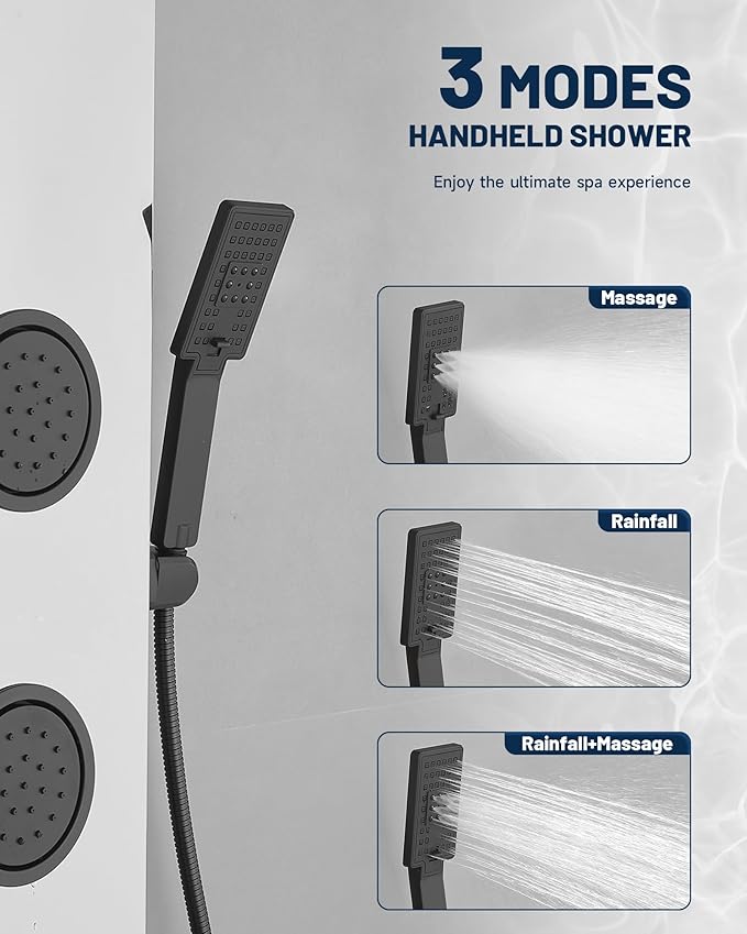 Homevacious 5 In 1 Shower Panel Brushed Nickel Shower Tower System with Rainfall Waterfall Shower Head 3 Body Jets Handheld Shower Head and Tub Spout Modern Massage Shower System