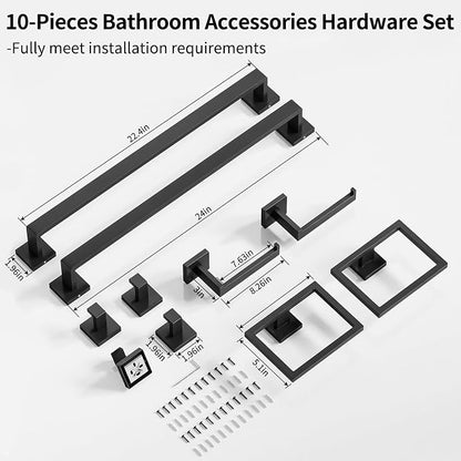 Gypie Bathroom Accessories Set Wall Mounted, 10-Piece 24In Matte Black | Stainless Steel Modern Wall Mount Towel Racks for Bathroom Towel Bar Set
