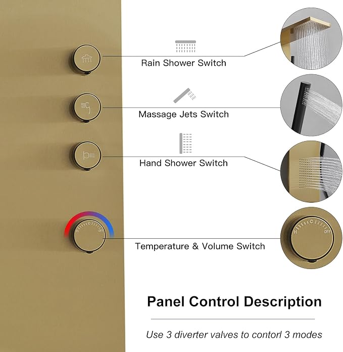Brushed Gold Shower Panel Tower System Bathroom Wall Mount | Rain Shower Head with Body Jet Massage and Rainfall Hand Shower,High Pressure Large Area,Flexible Shower Hose,Stainless Steel