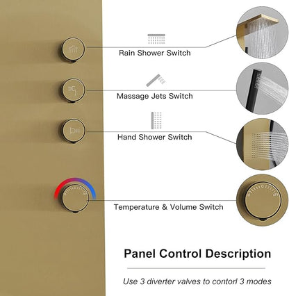 Brushed Gold Shower Panel Tower System Bathroom Wall Mount | Rain Shower Head with Body Jet Massage and Rainfall Hand Shower,High Pressure Large Area,Flexible Shower Hose,Stainless Steel