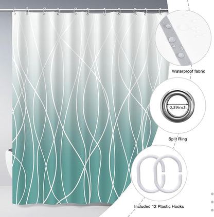 Striped Shower Curtain for Bathroom, Ombre Teal, 72" W x 72" L | with Hooks, Modern Hotel Style, Water Repellent, Washable, Weighted Hem