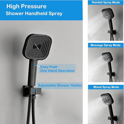 12" Rain Shower System with 4 Massage Body Jets,Shower Faucet Set Luxury Shower Head System with 3-in-1 Handheld,Wall Mounted Shower System Set with Valve and Trim Kit,Matte Black