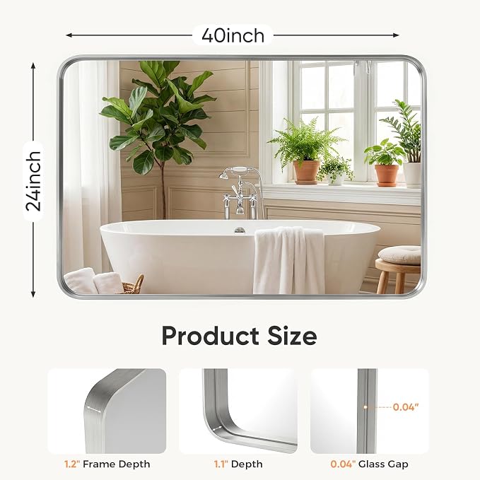 NEWBULIG Bathroom Mirror, Vanity Wall Mirror for Over Sink, 24x40 Inch | Matte Metal Framed, Tempered Glass, Over Sink, Entryway Living Room Bedroom, Silver