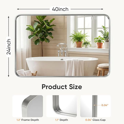 NEWBULIG Bathroom Mirror, Vanity Wall Mirror for Over Sink, 24x40 Inch | Matte Metal Framed, Tempered Glass, Over Sink, Entryway Living Room Bedroom, Silver