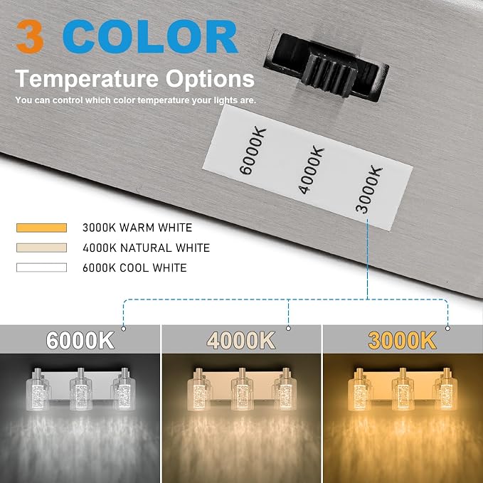 SineRise Vanity Light with 3 Color Modes (3000K/4000K/6000K), Eye Protection LED Bathroom Light Fixture, Dimmable Modern Wall Light Over Mirror with Clear Glass Shade (Chrome, 3-Light)