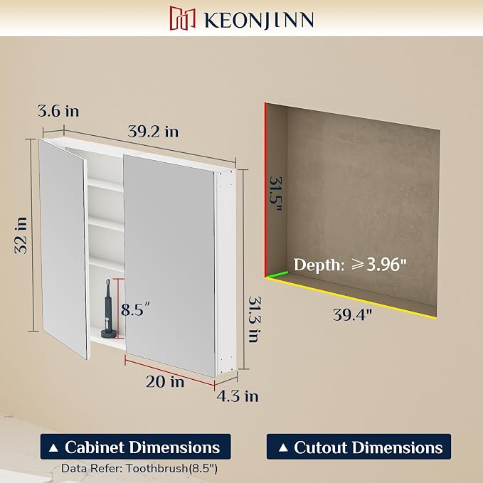 Keonjinn 40 x 32 Inch Large Medicine Cabinet for Bathroom, Silver Lightweight Combined Double Doors Mirrored Cabinet, Assembly Needed, Recessed or Wall Mount, Flexiable Ample Storage, Soft Closing | Assembly Needed, Lightweight Combined Double Doors, R...