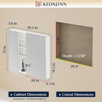 Keonjinn 40 x 32 Inch Large Medicine Cabinet for Bathroom, Silver Lightweight Combined Double Doors Mirrored Cabinet, Assembly Needed, Recessed or Wall Mount, Flexiable Ample Storage, Soft Closing | Assembly Needed, Lightweight Combined Double Doors, R...