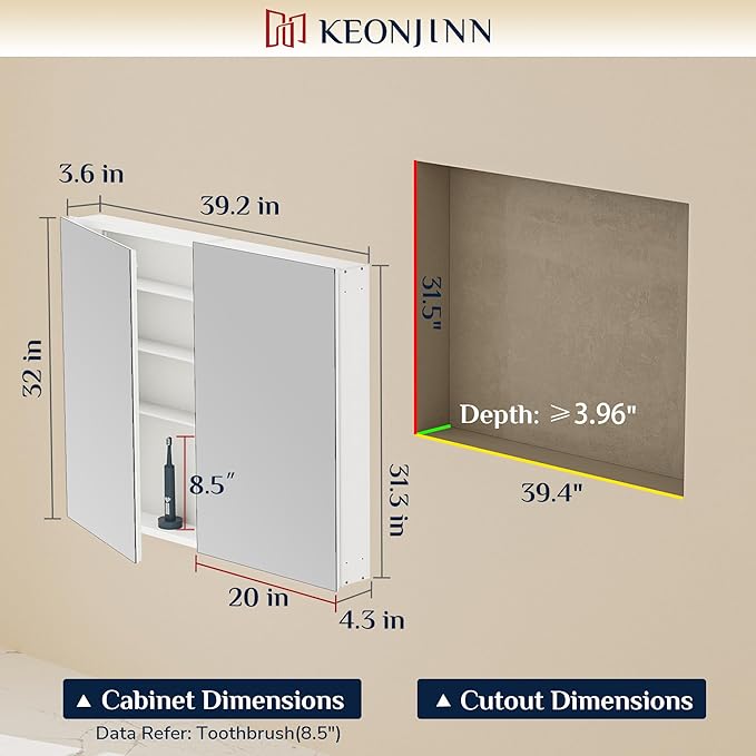 Keonjinn 40" x 32" Large White Medicine Cabinet Mirror, HD Tempered Glass | Assembly Needed, Freely Adjustable Shelves, Recessed or Wall-Mounted, Soft Close with DTC Hinges, Lightweight Aluminum Frame