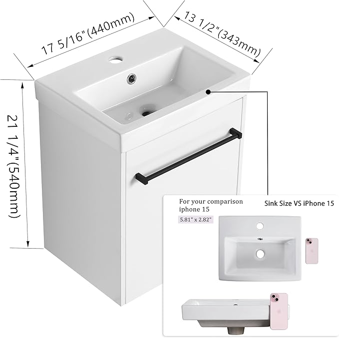 18" Bathroom Vanity with Sink, 18 Inch Floating Bathroom Vanity for Small Space, Modern Single Sink Vanity Combo, White Wall Mounted Cabinet Set