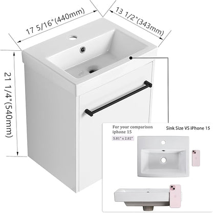 18" Bathroom Vanity with Sink, 18 Inch Floating Bathroom Vanity for Small Space, Modern Single Sink Vanity Combo, White Wall Mounted Cabinet Set