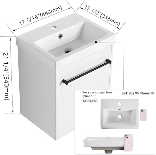 18" Bathroom Vanity with Sink, 18 Inch Floating Bathroom Vanity for Small Space, Modern Single Sink Vanity Combo, White Wall Mounted Cabinet Set