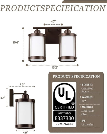 2-Light Oil Rubbed Bronze Bathroom Light Fixtures Over Mirror with Frosted Milk Glass and Metal Cage Shade, 13.2" UL-Listed Modern Farmhouse Wall Sconce for Bath, Hardwire E26, OS-3014ORBW-2W