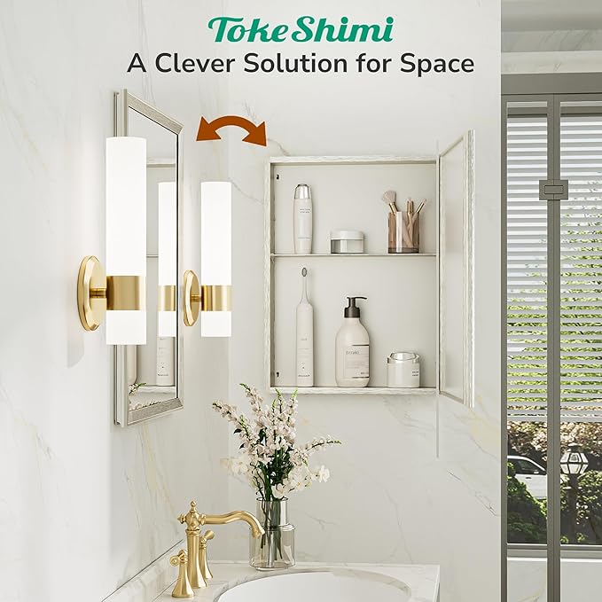 TokeShimi 14 x 18 Medicine Cabinet Mirror, Assembly Required, Brushed Nickel Bathroom Medicine Cabinet with Mirror, Stepless Adjustable Shelves, Tempered Glass, Beveled Aluminum Frame