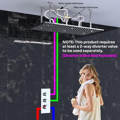 Dual Functions Luxury High Pressure Rain Shower Head, 16"x32" Large Ceiling Full Body Shower Head with Silicone Nozzles Rectangle Mist Showerhead, Modern Chrome Finish