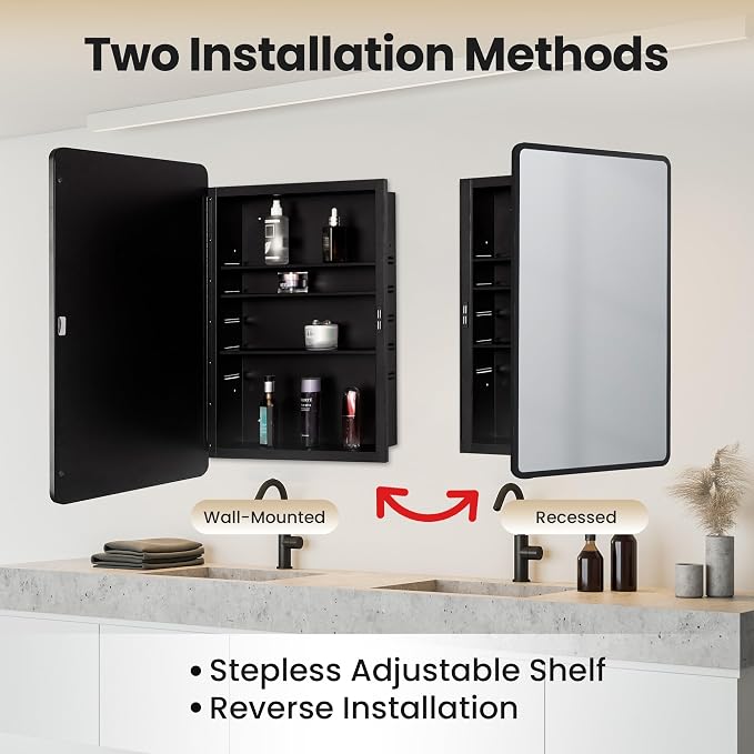 16x24 Medicine Cabinet with Mirror, Black Metal, Recessed or Surface Mount | 3 adjustable metal shelves, soft-close reversible door, 95% assembled; cutout 13.78"W x 19.1"H x 3.86"D