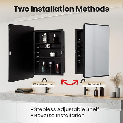 20x30 Medicine Cabinet with Mirror, Black Metal, Recessed or Surface Mount | 3 adjustable metal shelves, reversible piano-hinge door, 95% assembled; cutout 17.72"W x 24.02"H x 3.54"D