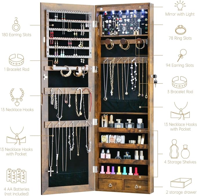 Jewelry LED Cabinet with Mirror 47.3"Mirror Jewelry Armoire over the Door | Door Hanging/Wall Mounted Mirror with Storage And Drawers Rustic Brown