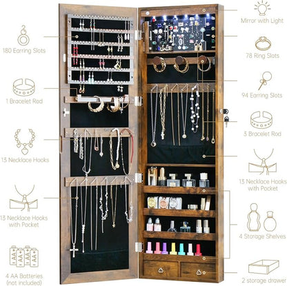 Jewelry LED Cabinet with Mirror 47.3"Mirror Jewelry Armoire over the Door | Door Hanging/Wall Mounted Mirror with Storage And Drawers Rustic Brown