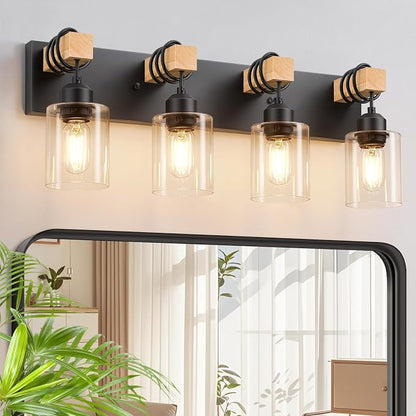 4-Lights Farmhouse Vanity Lights for Bathroom, Matte Black Bathroom Light Fixtures with Clear Glass Shade, Rustic Wood Wall Lighting Fixtures Over Mirror for Bedroom, Living Room, Hallway