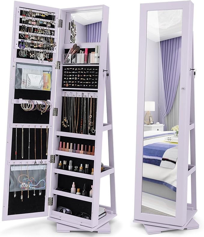 COSTWAY 360 Rotating Jewelry Armoire Cabinet, Standing Jewelry Organizer w/Full-Length Mirror & Large Storage Space, Lockable Mirror Jewelry Cabinet for Girls Women (Lavender)