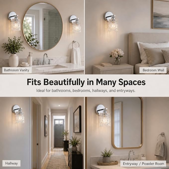 Modern 1-Light Crystal Vanity Light, Chrome Bathroom Light Fixture Over Mirror, Wall Mount for Bathroom, Bedroom, Living Room, Hallway