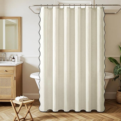 MIULEE White Scalloped Linen Shower Curtain 72W x 72L | 12 metal hooks, Linen scalloped, waterproof washable, thick heavy cloth, black border, boho farmhouse, bathroom hotel use