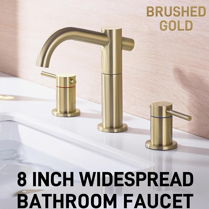 Brushed Gold 8 Inch Widespread Bathroom Faucet, 2-Handle Brass Vanity Sink Faucet 3 Hole with Metal Overflow Drain and cUPC Waterlines, 360-Degree Swivel Spout