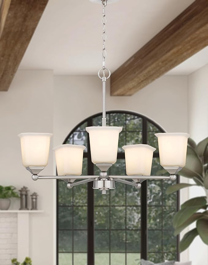 Nox 5-Light Chandelier Pendant Ceiling Light Brushed Nickle White Glass Shade Adjustable Height for Hallway, Entryway, Passway, Dining, Bedroom, Kitchen, Balcony Living Room