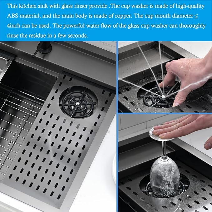 33 Inch Black Drop In Kitchen Sink Workstation with Glass Rinser -VOKIM 33x22 Drop In sink Workstation Stainless Steel 16 Gauge Deep Single Bowl Kitchen Sink with Cup Washer