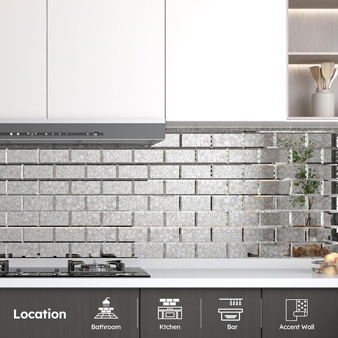 Peel and Stick Mirror Backsplash, Antique, 3x6 Inch, Beveled Mirror Subway Kitchen Bar Wall Tile (5 Sq.ft, 40 Pcs)