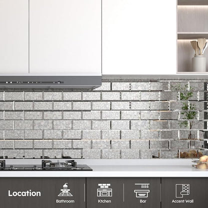 Peel and Stick Mirror Backsplash, Antique, 3x6 Inch, Beveled Mirror Subway Kitchen Bar Wall Tile (5 Sq.ft, 40 Pcs)