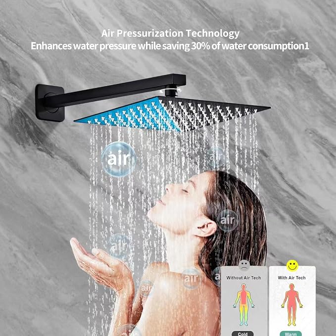 Matte Black Rainfall Shower Head, Wall Mounted 12 Inch Shower Head | Handheld Spray Combo, Luxury Bathroom Square Rain Shower System, Solid Brass Pressure Balancd Shower Faucet Valve